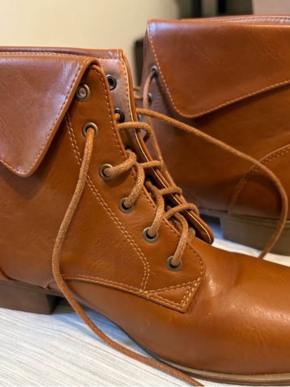 Tan Lace-Up Fold-Over Ankle Boots